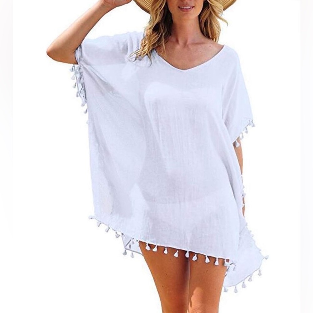 NEW! ADREAMLY Womens BEACH COVER-UP White Kafton White Pom Pom Trim Size XS/ S